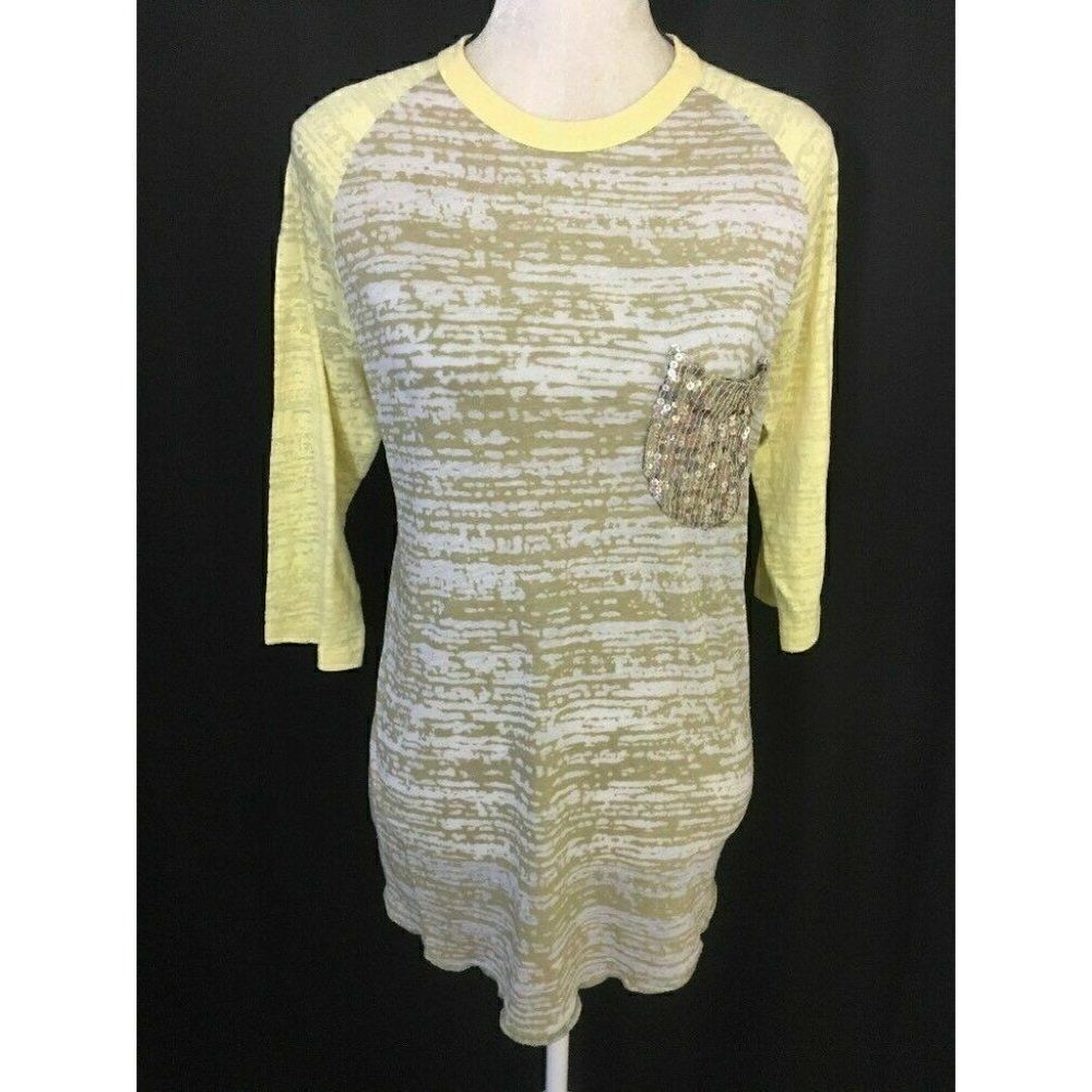 Son Of John Anthropologie Womens Yellow White Sheer Long Sleeve Top Size 1 Small